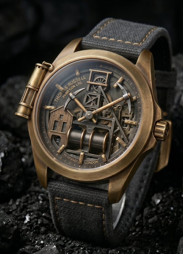 Thomas Russell & Son COAL watch — skeleton dial showing pit headgear, winding gear and colliery buildings, aged brass case on coal