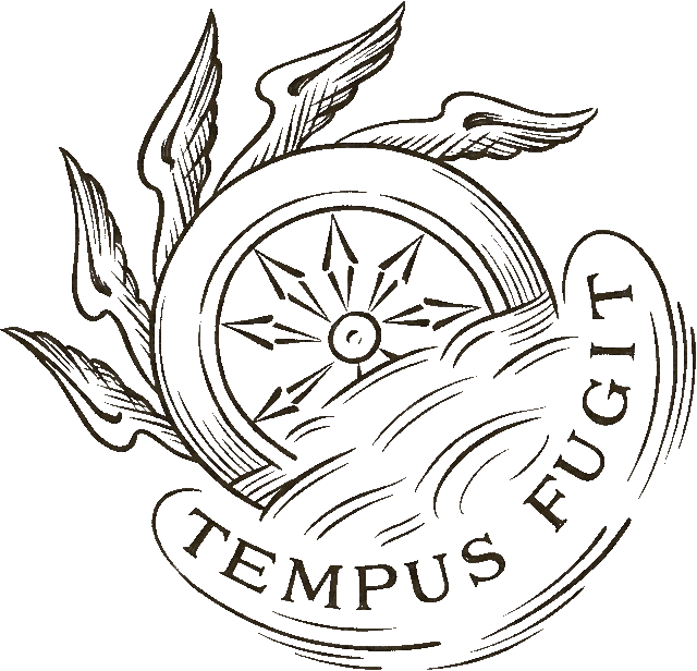 Thomas Russell & Son Tempus Fugit crest — winged wheel with compass star over waves, TEMPUS FUGIT on a ribbon banner